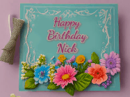 Happy Birthday Nick GIF: Animated Birthday GIF as a colorful birthday card reading Happy Birthday Name and flower petals floating past.