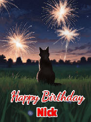 Happy Birthday Nick GIF: An animated gif at night showing the backside of a sitting cat who watches sparkle and fireworks over a meadow. Customize name and happy birthday.