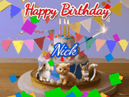 Happy Birthday Nick GIF: Happy Birthday Cake GIF with a cat, lamb, and squirrel on the cake with flickering candles, a sparkler, and falling confetti. Reads Happy Birthday Name and you can customize the name