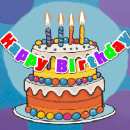 Happy Birthday Nicole GIF: Festive birthday cake GIF with name, stars, hearts, and confetti streaking past and flickering candles.