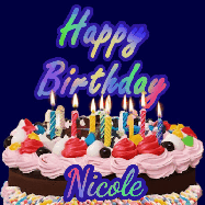 Happy Birthday Nicole GIF: A dark blue birthday gif with a beautiful cake with flickering candles, background sparkles and a name to customize.