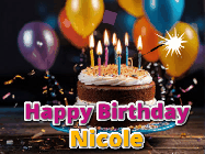Happy Birthday Nicole GIF: A birthday cake with flickering candles gif with text reading Happy Birthday and a Name slot to customize