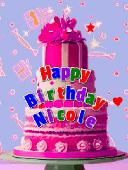 Happy Birthday Nicole GIF: A big beautiful birthday cake gif with falling confetti, sparklers, and balloons, reads Happy Birthday Name. Customize it.