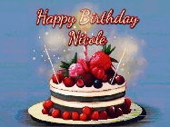 Happy Birthday Nicole GIF: Animated GIF of a birthday cake covered in berries with 2 sparklers and a candle, reads Happy Birthday Name. Customize it.