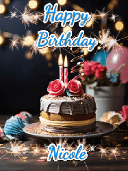 Happy Birthday Nicole GIF: Sparkles and glitter happy birthday gif with a cake and flickering candles and sparklers behind the words happy birthday customize