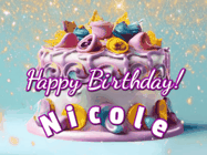 Happy Birthday Nicole GIF: A beautiful birthday cake gif with animated sparkles and glitter Happy Birthday Name you can customize