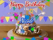 Happy Birthday Nicole GIF: Happy Birthday Cake GIF with a cat, lamb, and squirrel on the cake with flickering candles, a sparkler, and falling confetti. Reads Happy Birthday Name and you can customize the name