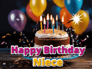 Happy Birthday Niece GIF: A birthday cake with flickering candles gif with text reading Happy Birthday and a Name slot to customize