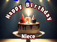 Happy Birthday Niece GIF: Animated happy birthday gif with a cake and flickering candles with colorful falling confetti and text reading Happy Birthday