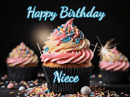 Happy Birthday Niece GIF: A delicious cupcake gif with animated sparkles reading Happy Birthday with a name to customize