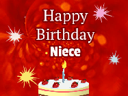 Happy Birthday Niece GIF: A bright red happy birthday gif animated with a cake candle, and glitter and sparkles. Customize with name.
