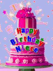 Happy Birthday Niece GIF: A big beautiful birthday cake gif with falling confetti, sparklers, and balloons, reads Happy Birthday Name. Customize it.