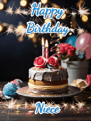 Happy Birthday Niece GIF: Sparkles and glitter happy birthday gif with a cake and flickering candles and sparklers behind the words happy birthday customize