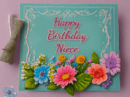 Happy Birthday Niece GIF: Animated Birthday GIF as a colorful birthday card reading Happy Birthday Name and flower petals floating past.