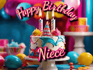 Happy Birthday Niece GIF: Animated birthday gif with a beautiful colorful birthday can and sparkles in the air. It reads Happy Birthday Customize.