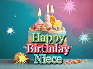 Happy Birthday Niece GIF: A colorful animated Happy Birthday Cake GIF with swirling sparkles and flickering candles. It reads Happy Birthday Name