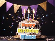 Happy Birthday Niece GIF: Happy birthday cake animated gif with flickering candles, animated text, and falling confetti. Customize text reading Happy Birthday Customize.