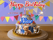 Happy Birthday Niece GIF: Happy Birthday Cake GIF with a cat, lamb, and squirrel on the cake with flickering candles, a sparkler, and falling confetti. Reads Happy Birthday Name and you can customize the name