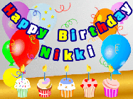 Happy Birthday Nikki GIF: Animated happy birthday gif with a party balloon background, a row of cupcakes, and birthday banner to customize.