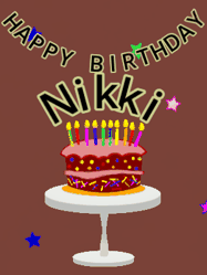 Happy Birthday Nikki GIF: Animated birthday gif of a chocolate cartoon cake and stars. Animated text can be customized with name.