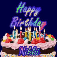 Happy Birthday Nikki GIF: A dark blue birthday gif with a beautiful cake with flickering candles, background sparkles and a name to customize.