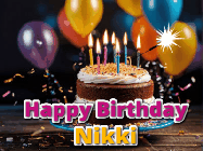 Happy Birthday Nikki GIF: A birthday cake with flickering candles gif with text reading Happy Birthday and a Name slot to customize