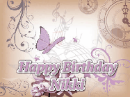 Happy Birthday Nikki GIF: Classical birthday gif background with colorful musical notes floating past and a name you can customize, reads Happy Birthday.