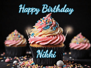 Happy Birthday Nikki GIF: A delicious cupcake gif with animated sparkles reading Happy Birthday with a name to customize