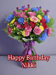 Happy Birthday Nikki GIF: A beautiful animated birthday gif with a bouquet of flowers and animated hearts reading Happy Birthday Customize
