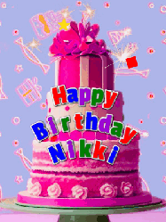 Happy Birthday Nikki GIF: A big beautiful birthday cake gif with falling confetti, sparklers, and balloons, reads Happy Birthday Name. Customize it.