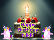 Happy Birthday Nikki GIF: An animated gif with 2 unicorns and a birthday candle on a cake.