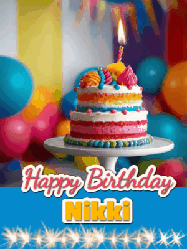 Happy Birthday Nikki GIF: A birthday card gif with a cake and candle and a blue ribbon with animated sparklers. Reads Happy Birthday Name