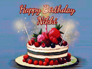 Happy Birthday Nikki GIF: Animated GIF of a birthday cake covered in berries with 2 sparklers and a candle, reads Happy Birthday Name. Customize it.