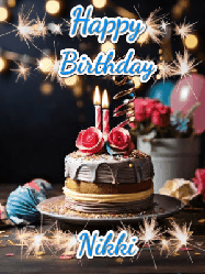Happy Birthday Nikki GIF: Sparkles and glitter happy birthday gif with a cake and flickering candles and sparklers behind the words happy birthday customize