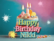 Happy Birthday Nikki GIF: A colorful animated Happy Birthday Cake GIF with swirling sparkles and flickering candles. It reads Happy Birthday Name