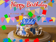 Happy Birthday Nikki GIF: Happy Birthday Cake GIF with a cat, lamb, and squirrel on the cake with flickering candles, a sparkler, and falling confetti. Reads Happy Birthday Name and you can customize the name