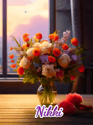 Happy Birthday Nikki GIF: A vase of flowers and animated hearts pop in and out as the words Happy Birthday Name appears that you can customize