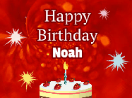 Happy Birthday Noah GIF: A bright red happy birthday gif animated with a cake candle, and glitter and sparkles. Customize with name.