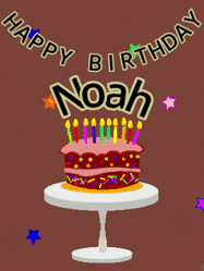 Happy Birthday Noah GIF: Animated birthday gif of a chocolate cartoon cake and stars. Animated text can be customized with name.