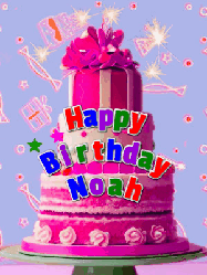 Happy Birthday Noah GIF: A big beautiful birthday cake gif with falling confetti, sparklers, and balloons, reads Happy Birthday Name. Customize it.