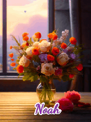 Happy Birthday Noah GIF: A vase of flowers and animated hearts pop in and out as the words Happy Birthday Name appears that you can customize
