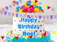 Happy Birthday Noel GIF: A birthday cake animated gif with bursting confetti, animated text to customize, on a bright banner background.