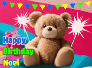 Happy Birthday Noel GIF: A cute birthday teddy bear animated birthday gif with the bear holding sparklers and text to customize.