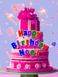 Happy Birthday Noel GIF: A big beautiful birthday cake gif with falling confetti, sparklers, and balloons, reads Happy Birthday Name. Customize it.