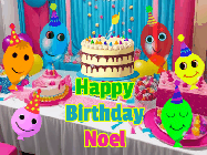 Happy Birthday Noel GIF: A birthday animated gif with a party room in the background and cute balloons, cake, and name to customize.
