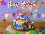 Happy Birthday Noel GIF: Happy Birthday Cake GIF with a cat, lamb, and squirrel on the cake with flickering candles, a sparkler, and falling confetti. Reads Happy Birthday Name and you can customize the name