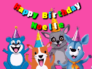 Happy Birthday Noelle GIF: Four cute cartoon animal friends excited to be on this happy birthday gif that's ready to customize.