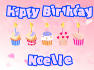 Happy Birthday Noelle GIF: Pink animated birthday gif with 5 cupcakes and candles and animated text you can customize with name.