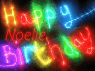 Happy Birthday Noelle GIF: Flashing neon happy birthday gif with a name you can customize. The Happy Birthday is colourful.