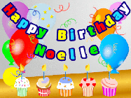 Happy Birthday Noelle GIF: Animated happy birthday gif with a party balloon background, a row of cupcakes, and birthday banner to customize.